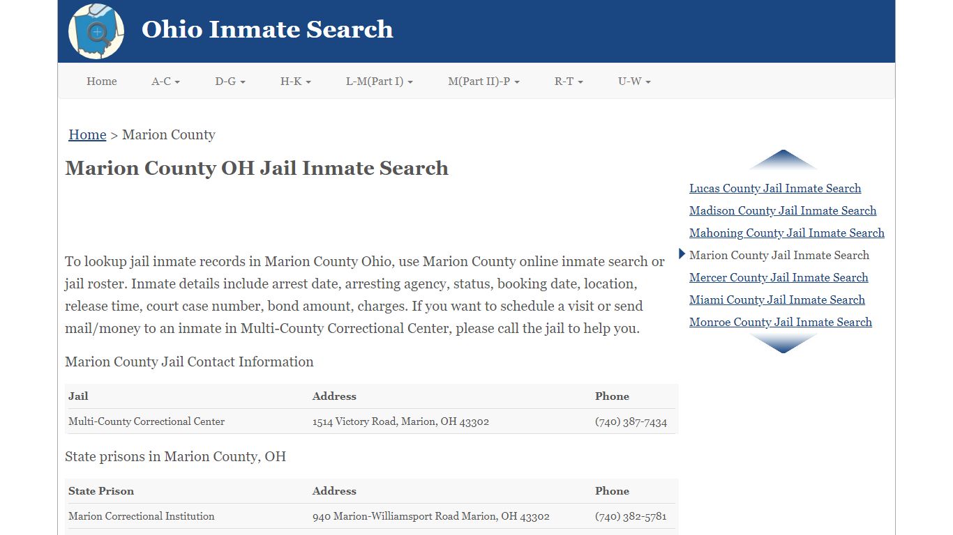 Marion County OH Jail Inmate Search