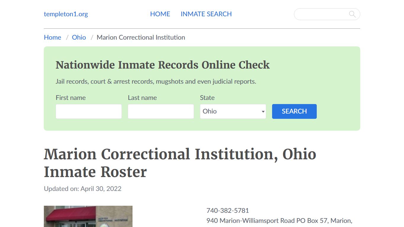 Marion Correctional Institution, Ohio Inmate Booking